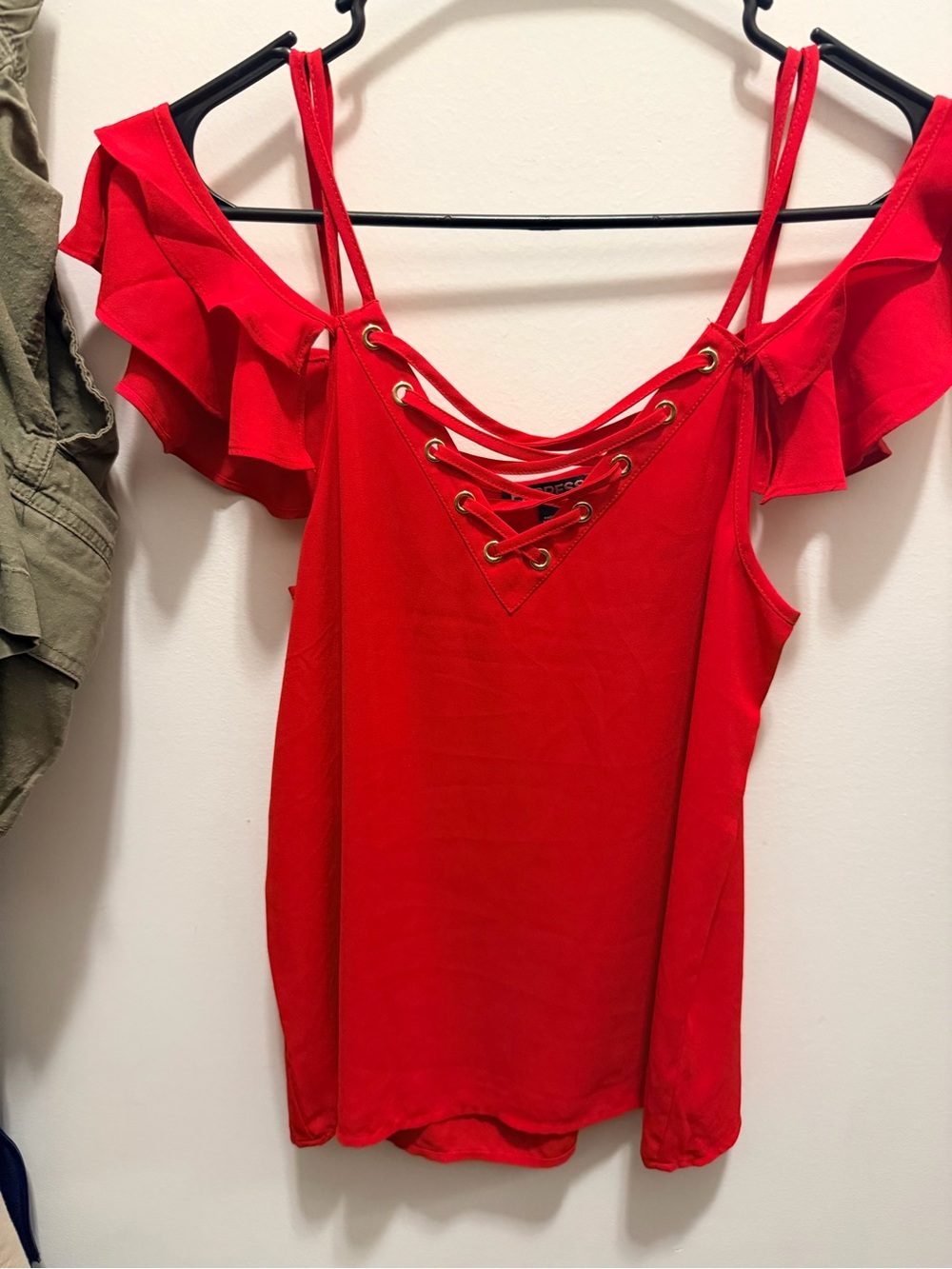 Express Red Lace-Up Cold-Shoulder Ruffle Camisole